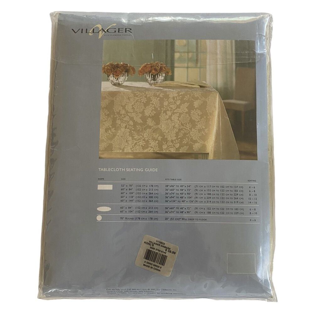 Liz Claiborne Villager Rectangle 60” X 144” Elegant Gold Damask Tablecloth NIP - Picture 7 of 11